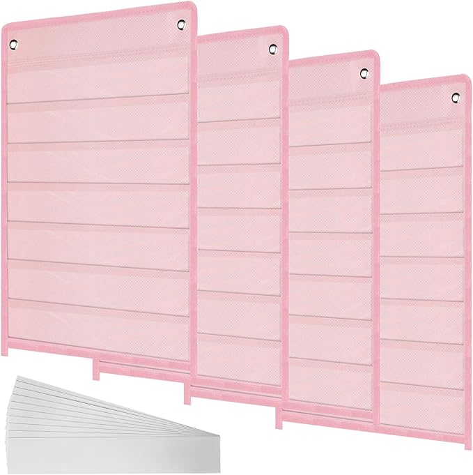 4 Pcs Magnetic Pocket Chart Standard Classroom with 40 Pcs Dry Erase Cards for Daily Schedule Class Demonstrations Office Home Activities(Pink)