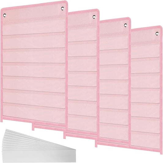 4 Pcs Magnetic Pocket Chart Standard Classroom with 40 Pcs Dry Erase Cards for Daily Schedule Class Demonstrations Office Home Activities(Pink)