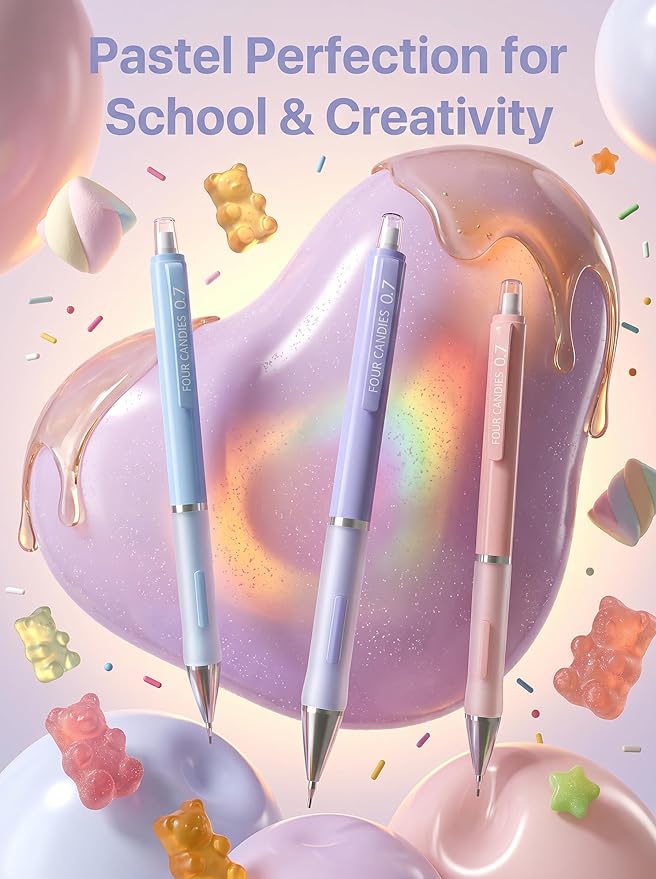 Four Candies 3PCS Cute Mechanical Pencils Set, 0.5mm with 360PCS Lead Refills, Pastel Erasers & Case, Preppy Aesthetic Kawaii Stationary for College Student Precision Note-Taking and Drafting