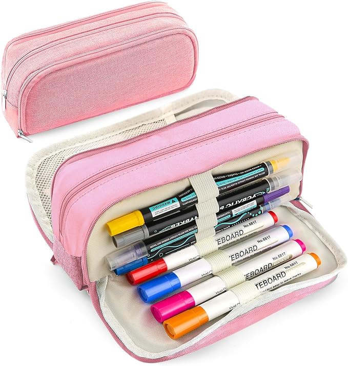 Large Capacity Pencil Case Pencil Pouch Pen Bag with 3 Compartment Stationery Organizer with Zipper, School Supplies Organizer for Teen Adults (Pink)