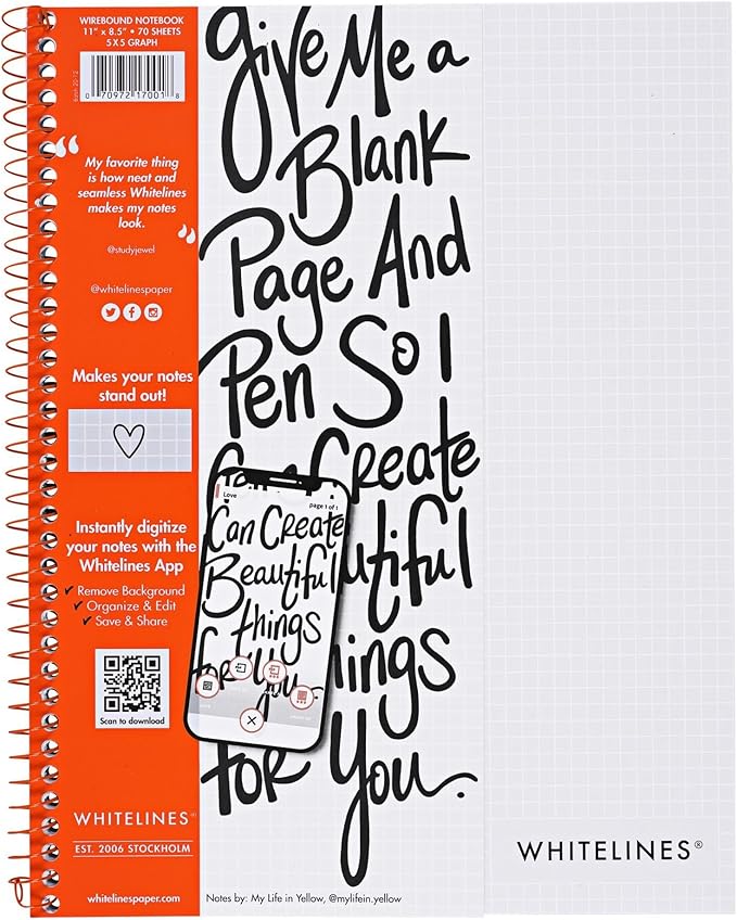ROARING SPRING Whitelines Spiral Graph Ruled Notebook, Digitally Download Your Notes with FREE App, Premium Gray Paper, 11" x 8.5" 70 Sheets