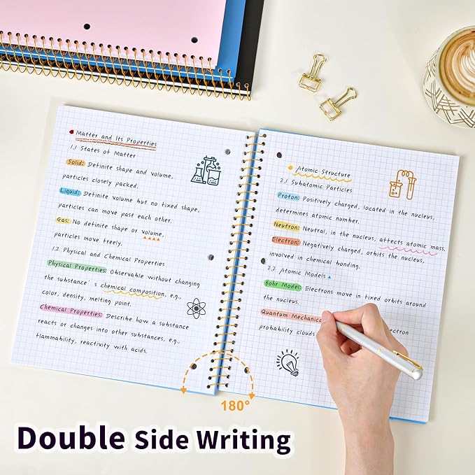 Spiral Notebook Graph Ruled Paper 8" x 10 1/2", 1 Subject Spiral Grid Notebook 3-Hole Punched Perforated Page Ideal for School, Office, Writing, 95 Sheets Lined Journaling Graphing Notebook, Blue