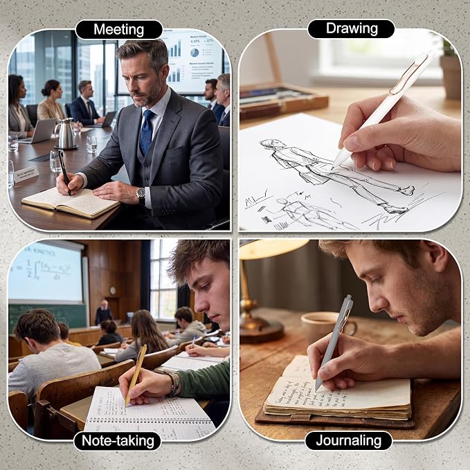 Drawdart Smooth Writing Pens, 12 Pcs No Bleed & Smear, Black Ink Fine Point (0.7mm), Quick-Dry Retractable Gel Pens for Journaling, Note Taking, Office & Back-to-School Supplies