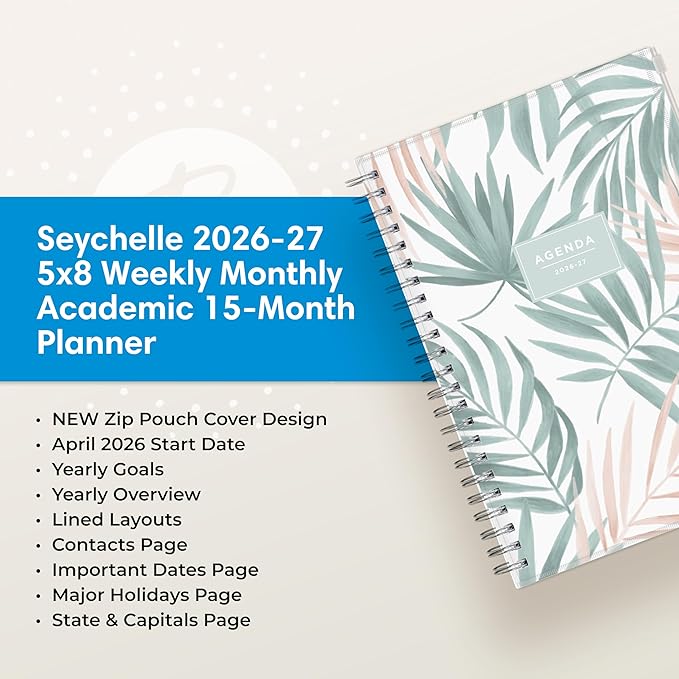 Blue Sky 2026-2027 Weekly and Monthly Academic Year 15 Month Planner Calendar, April 2026 - June 2027, 5" x 8", Flexible Cover With Zip Pouch, Wirebound, Storage Pocket, Seychelle