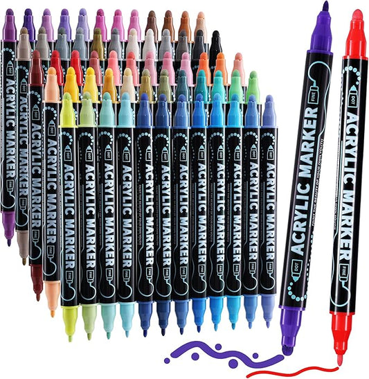 60 Colors Dual Tip Acrylic Paint Markers, Premium Dot & Fine Tip Coloring Paint Pens for Rock, Wood, Fabric, Canvas, Glass, Paper, Ceramic, Scrapbook, Vision Board and DIY Crafts Supplies Art Gifts