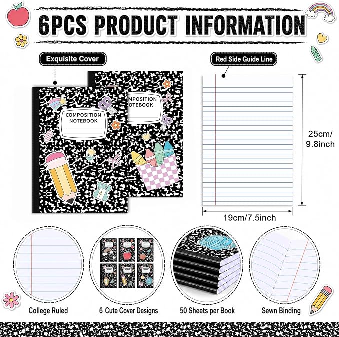 6 Pack Large Composition Notebooks Bulk 9.8 × 7.5 in Wide Ruled Hard Cover Composition Book Assorted Marble Journal College Ruled Paper for College Office Back to School Supplies(Black and White)