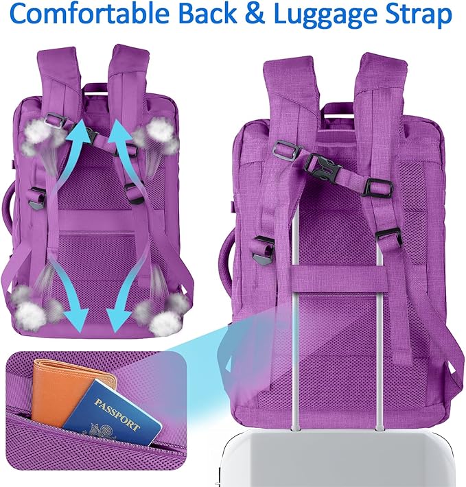 AREYTECO 60L Carry On Backpack, Extra Large Laptop Backpack, Big Capacity Travel Backpack for Women, Expandable Water Resistant Bag Anti-Theft Business Daypack Fit 18 Inch Laptop,Purple