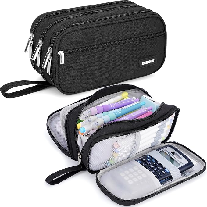 Pencil Case Large Capacity, 3 Compartment Black Big Pen Pouch with Zipper | Durable Stationery Organizer, Portable Marker Pen Bag for Teens, College and High School Students, Adults and Teachers