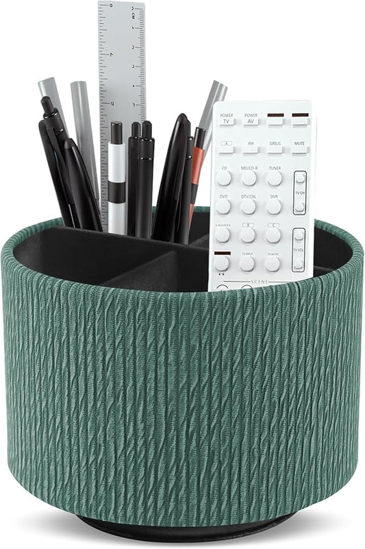 Round Leather Art Supply Organizer,Remote Control Holder,360 Degree Spinning,Multi-Functional Pencil Holder,4 Compartments Desktop Stationary Organizer(1-Wood Green)