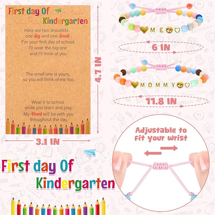 Back to School Supplies, First Day of Kindergarten Bracelet, Back to School Bracelet Mommy and Me, Prek Matching Wish Bracelets Set, Adjustable Bracelet for Boys Girls Gifts Stuff Bulk