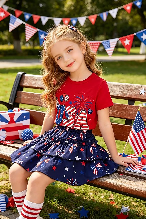 Little Girls Skirt Set - 2 Piece Short Sleeve Top Shirred Tiered Skirt Outfit Girls Spring Summer Clothes 3-8 Years