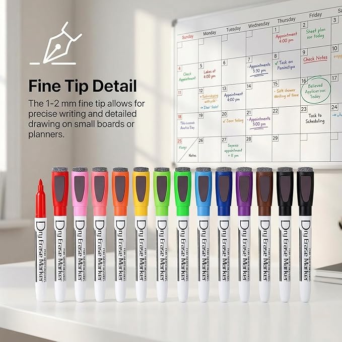 Volcanics Magnetic Dry Erase Markers With Eraser Fine Tip Low Odor Thin Whiteboard Markers for Small White Board Markers Dry Erase Pack of 24,10 Colors