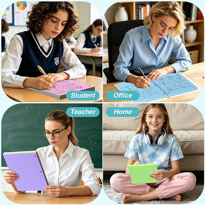 Loose Leaf Paper 8" x 10.5" Colored Filler Paper 120 Sheets 3 Hole Punched Lined Paper 8 X 10.5 College Ruled Notebook Paper for 3-Ring Binders Notepad Writing Note Pads for Home,Office,School Supplie