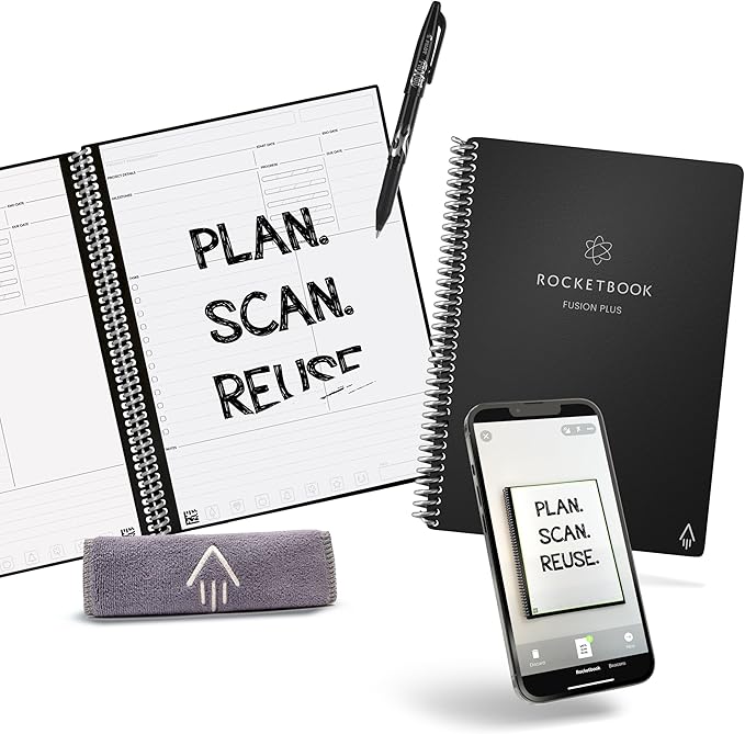 Rocketbook Fusion Plus Smart Reusable Notebook Planner, Notetaking and Planning In One, Executive Size, 6x8.8, Black