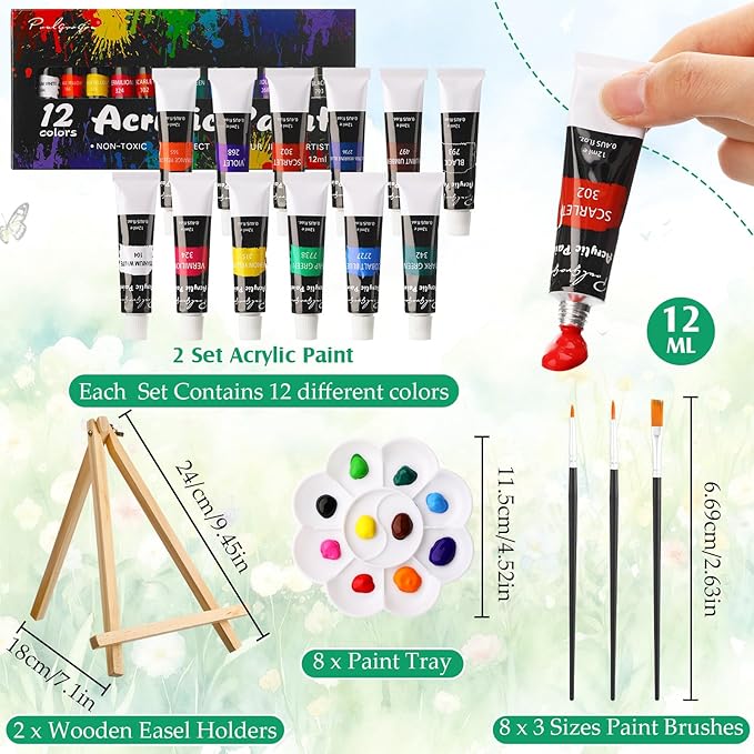 Cholemy 36 Pcs Paint and Sip Kit for Adults 8''x10'' Pre Drawn Canvas for Painting DIY Afro Acrylic Painting Kit Wood Easel Brushes Date Night Bulk for Father's Day Party Gifts(Flower Animals)