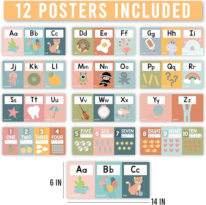 Hadley Designs Alphabet for Classroom Wall Decor - ABC Posters for Classroom Wall Chart Preschool & Kindergarten, ABC Letters & Number Line Elementary, Alphabet Cards, Boho Classroom Decor