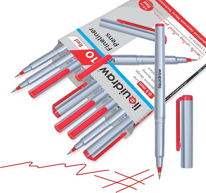 Liquidraw Red Colored Fineliner Pens, Fine 0.5mm Tip, Set of 10