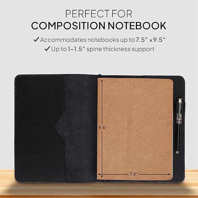 XL Leather Journal Cover 7.5 x 9.5 Inch – Refillable Genuine Leather Cover for Composition Notebook, Planner & Diary – Handmade Protective Travel Writing Case, Black