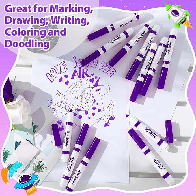 24 Pcs Washable Markers Bulk Broad Line Markers Coloring Conical Tip Large pens for Kids art projects, Teachers, Students, Toddlers, Party Favors, Classrooms, Donations(Purple)