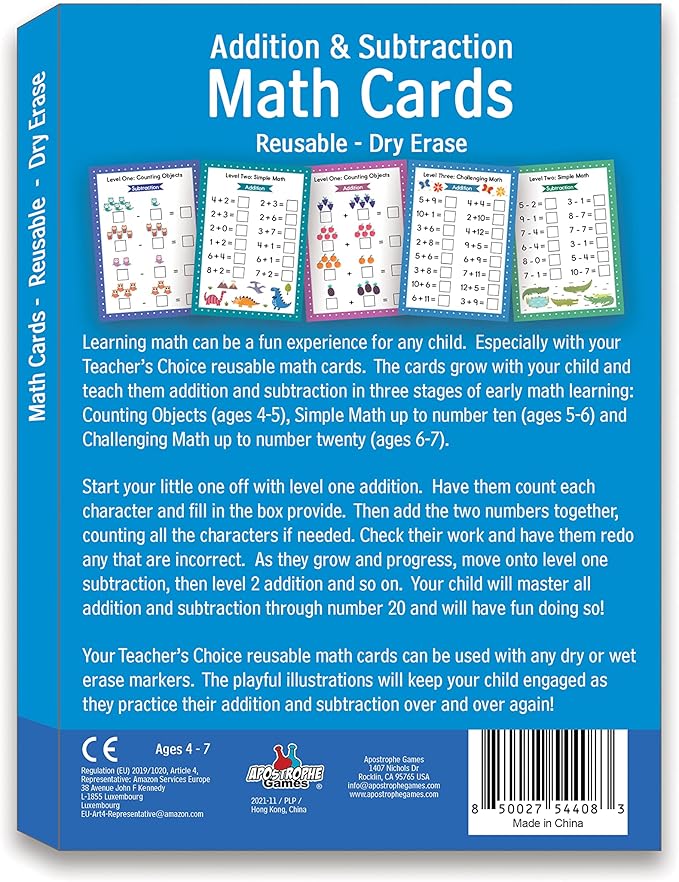 Addition & Subtraction Dry Erase Cards, Reusable Math Sheets, Childhood Education, Learning Tools, Math Flash Cards