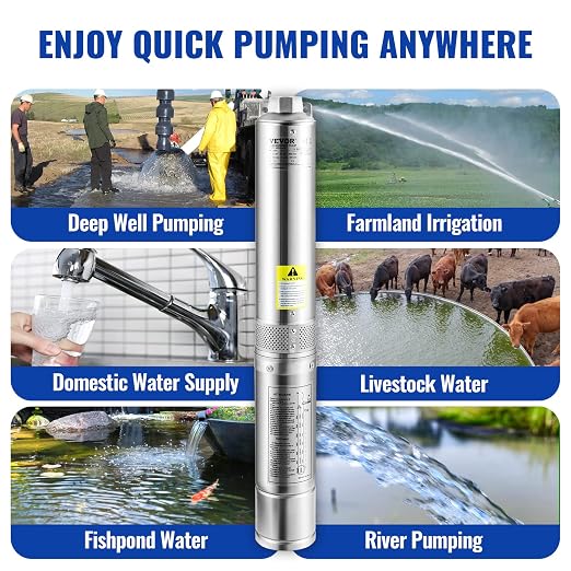 VEVOR Deep Well Submersible Pump, 1HP 115V/60Hz, 37gpm Flow 207ft Head, with 33ft Electric Cord, 4" Stainless Steel Water Pump for Industrial, Irrigation&Home Use, IP68 Waterproof Grade | for Industrial Irrigation & Home Use, 4" Stainless Steel Water P...