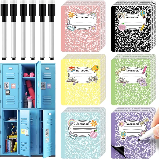Crtiin 42 Pcs Magnetic Name Tags for Lockers Colorful Composition Notebook Dry Erase Labels Magnetic Reusable Name Tags for Back to School Whiteboard Classroom School Bus Locker Fridge