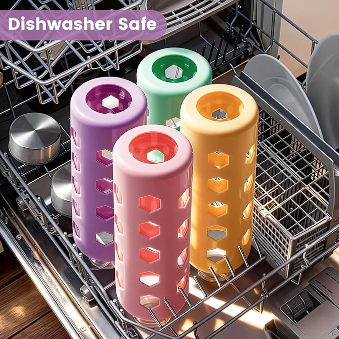 Mrsdry 18 oz Glass Water Bottles with Lids & Silicone Sleeves, 4-Pack | BPA Free, Leak-Proof Reusable Glass Drinking Bottles with Stainless Steel Airtight Cap for Juicing, Dishwasher Safe, Non-Slip