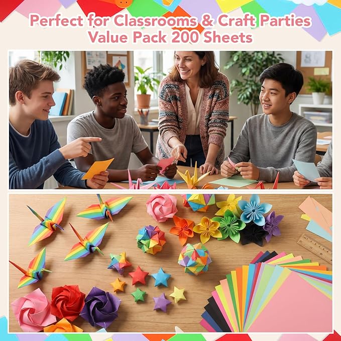 Prudiut Origami Paper 6x6in, 200 Sheets, 20 Colors, Square Craft for Arts and Crafts, Scrapbook Paper, Colored Paper, Origami Kit Supplies for Kids Ages 14+, Multi-Project Use