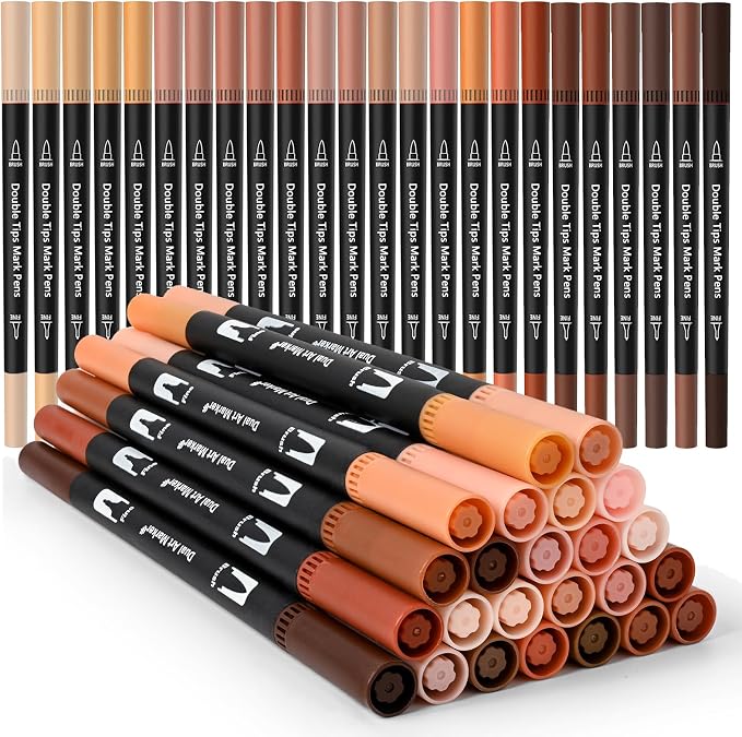 Skin Tone Dual Tip Brush Pen,Colored Fine & Brush Calligraphy Pens, Dual Tip Brown Markers for Adult Coloring Books Drawing Planner Calendar Art Sketch Outlining Sketching Calligraphy