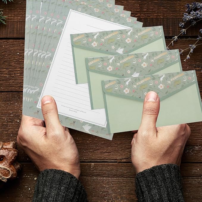 SECFOU 90pcs Lined Writing Paper and Envelope Set with Floral Design, Mint Green Thin Letter Sheets for Letter Writing and Invitations, Japanese Style Stationery for Office and School Use