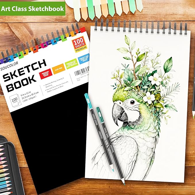 Soucolor 9" x 12" Sketch Book, 100 Sheets Top Spiral Bound Sketchbook with Acid-Free 68lb/100gsm Thick Drawing Paper, Art Sketch Pad for Kids, Adults & Artist, Professional Art Supplies for Beginners