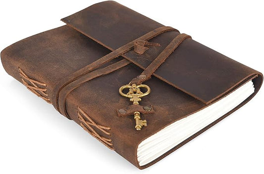 Leather Journal Travel Diary, Handmade Vintage Bound Notebook for Men & Women, Antique Key, Genuine Buffalo Leather- Quality Unlined Cream Paper Perfect for Notes, Art Sketchbook, 8X6 Inches, Cream