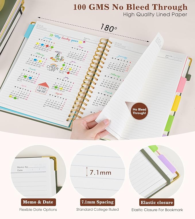 Hardcover Large Spiral Notebook 8.5" x 11" with Removable Dividers Tabs, 300 pages Leather 5 Subject Notebook College Ruled, A4 Journal for Women Men, Notebooks for Work School Note taking, Green