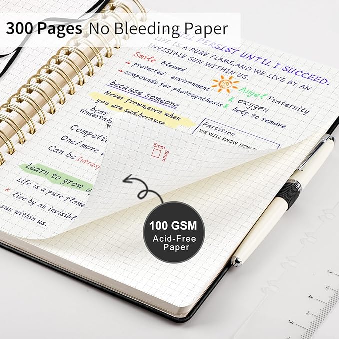 EMSHOI Spiral Graph Notebook, 300 Pages, B5 Large 7.48"x10.15", 100 GSM Thick Paper, PU Leather Hardcover, 5mm Grid Journal for Work School Math Engineering Writing Graphing, Black