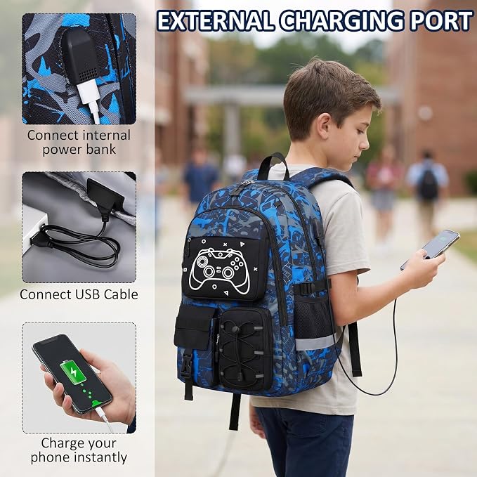 School Backpack for Boys - 4pcs Gamer Boys Backpack with Lunch Box Set for Kids Teens Elementary Middle High School,18″ Large Capacity Students Bookbag with Usb Charging Port & Key-chain