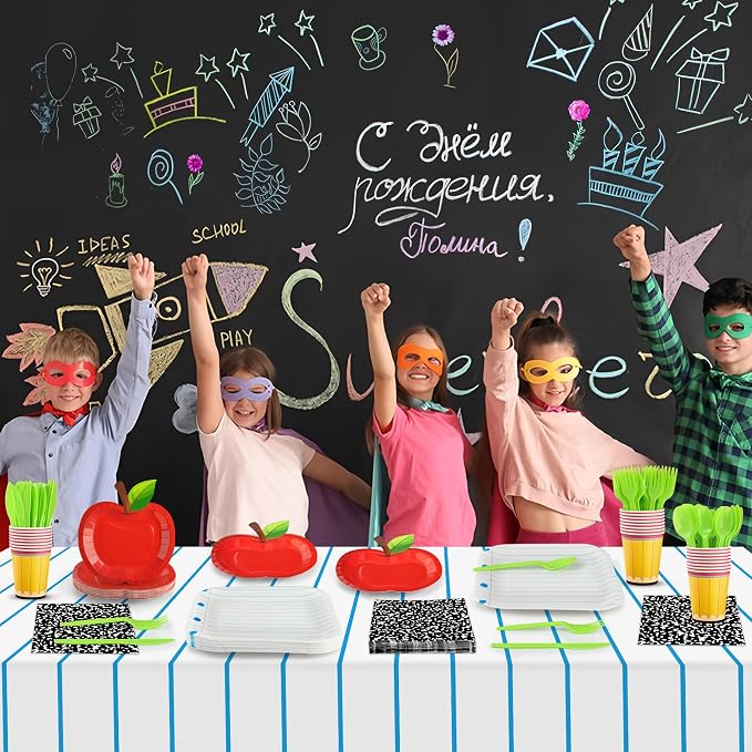 170 Pcs Back to School Party Supplies Tableware Set Red Apple Pencils Paper Plates Napkins Cups Composition Notebook Disposable Tablecloth for Preschool First Day of School Graduation Party, Serves 24