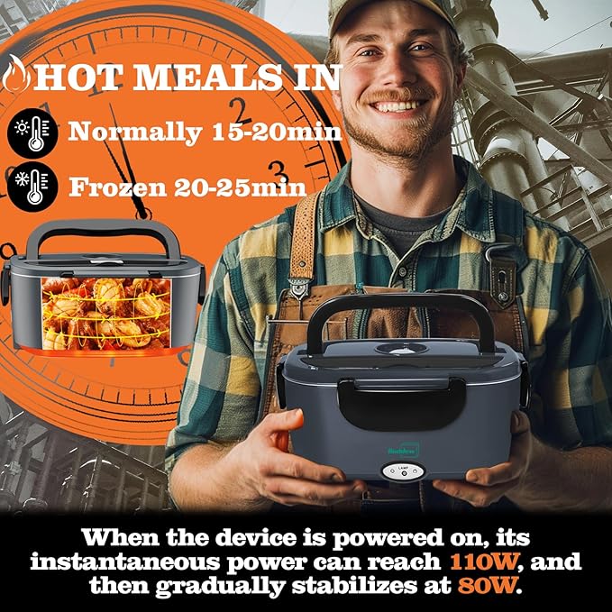 Buddew Electric Heated Lunch Box, 80W Fast Heating, 1.5L Food-Grade 304 Stainless Steel, 12V/24V/110V Portable Food Warmer for Car Truck Office Adults, Lonchera Electrica Portatil (Gray+Black)