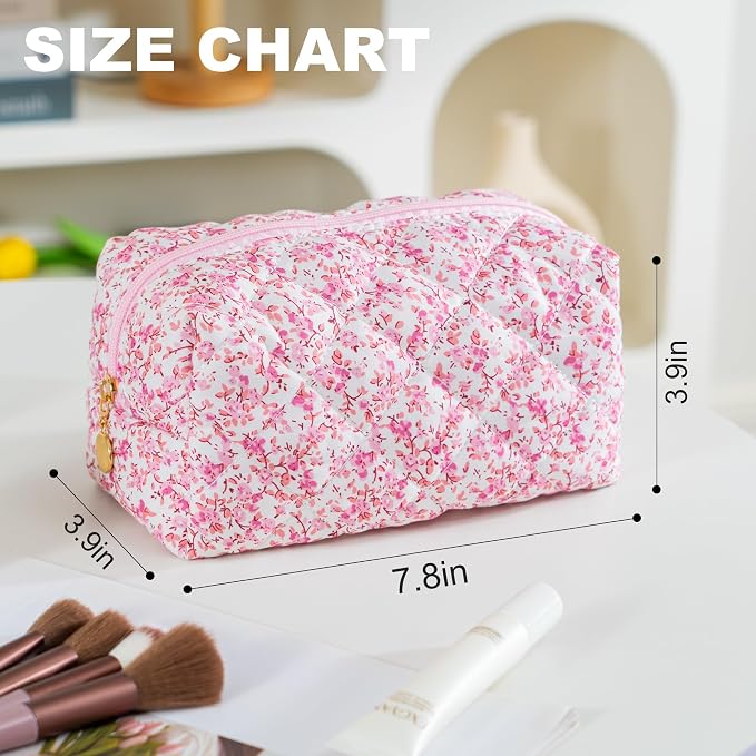 Makeup Bag Travel Toiletry Bag for Women, Small Cosmetic Bags Cute Quilted Cotton Makeup Pouch for Purse Emergency Bag Pencil Case Accessory Bag, Baby Pink
