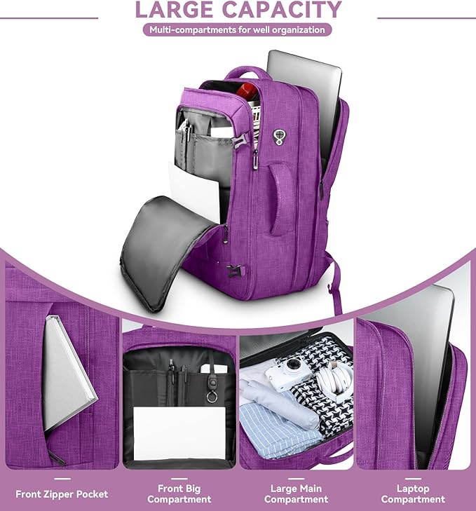 AREYTECO 60L Carry On Backpack, Extra Large Laptop Backpack, Big Capacity Travel Backpack for Women, Expandable Water Resistant Bag Anti-Theft Business Daypack Fit 18 Inch Laptop,Purple