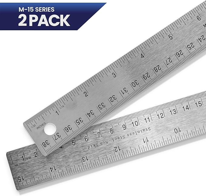 2 Pack Pacific Arc Stainless Steel 15 Inch Metal Ruler Non-Slip Cork Back, with Inch and Metric Graduations