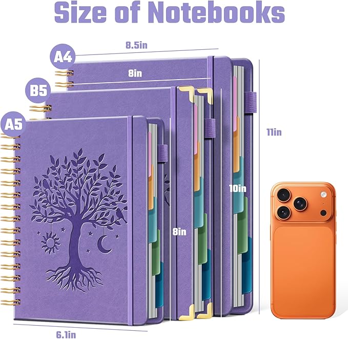 Ovesmusl Hardcover Spiral Notebook 8" x 10" with 5 Removable Dividers 300 Pages Leather 5 Subject Notebook College Ruled 100GSM Large Spiral Notebooks for Work Thick Lined Journal for Women, Purple