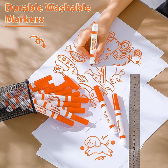 36 Pcs Orange Washable Markers Bulk Coloring Broad Line Markers for Kids Conical Tip Drawing Pen for Christmas, School Supplies, Travel Art Baby Shower Gender Reveal Party Supplies, Ages 6+