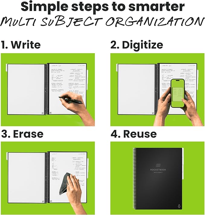 Rocketbook Multi-Subject Reusable Smart Notebook, Notebook For School and Work, 70 Lined Pages Multi-Subject, 4 Adjustable Dividers, Letter Size 8.5x11, Black