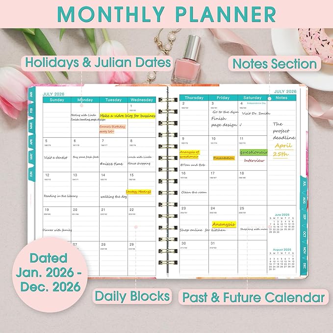 Ymumuda 2026 Planner, Daily Weekly and Monthly Planner，Jan 2026 - Dec 2026, 8.4" x 6.3", 2026 Calendar Planner Book with Tabs, Spiral Notebook with Inner Pocket for Office Home School Supplies
