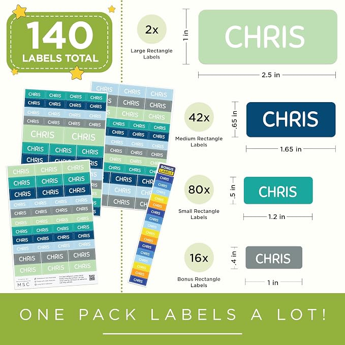 Personalized Daycare Name Washable Labels for Kids, (140 Pack) Waterproof Custom Name Stickers for Clothing Tags, Lunch Boxes and School Supplies, Made in USA by MSC -Rainforest