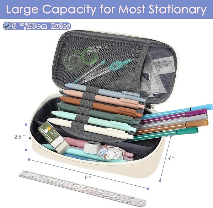 FlowFly Large Capacity Pencil Case for Kids, Boys & Girls – Zippered Multi-Functional Pen Pouch, Soft & Portable Pencil Bag for School, Teens, Students, Beige