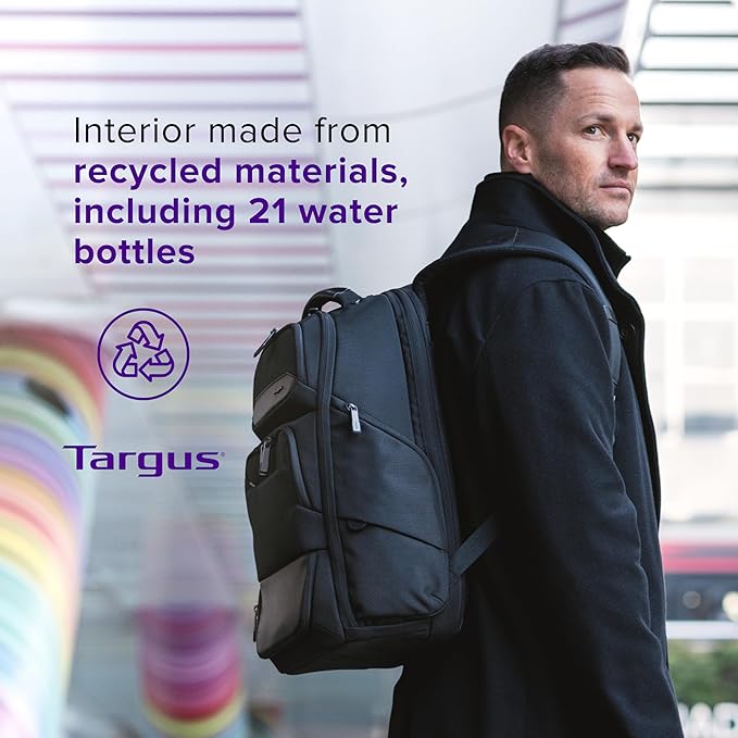 Targus 15-16 Inch Heritage Luxe Backpack, Professional Laptop Backpack with Padded Laptop Compartment, Ergonomic Shoulder Straps, Water-Resistant Fabric, Spacious Storage, Black (TBB656GL)