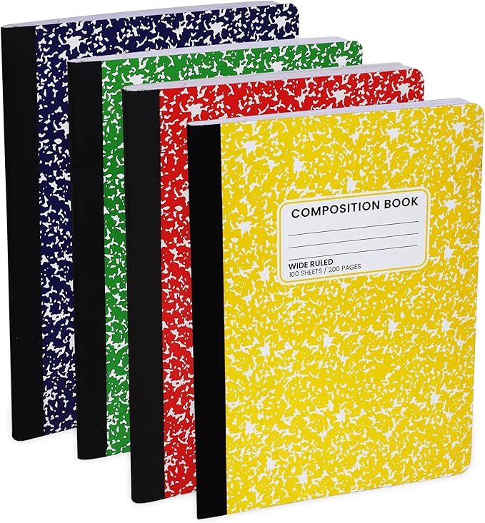 Wide Ruled Notebook, Composition Notebooks Wide Ruled Composition Book, Wide Rule Notebook Paper -9-3/4 x 7-1/2” - 100 Sheets (200 Pages) - Sewn Binding, Durable Marble Cover, Assorted Colors - (4