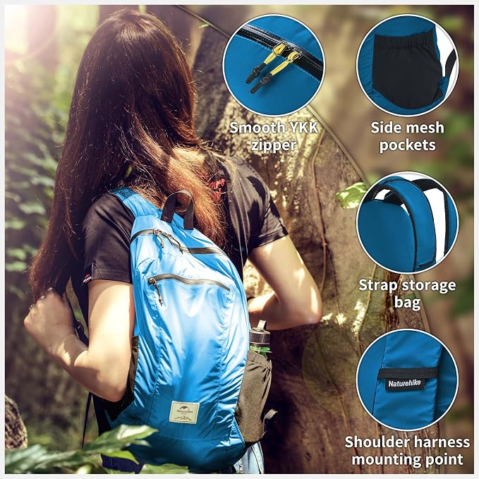 Naturehike 25L Lightweight Hiking Backpack, Waterproof Camping Packable Backpack Ultralight for Travel, Airplane, Small Hiking Daypack for Adults, Blue