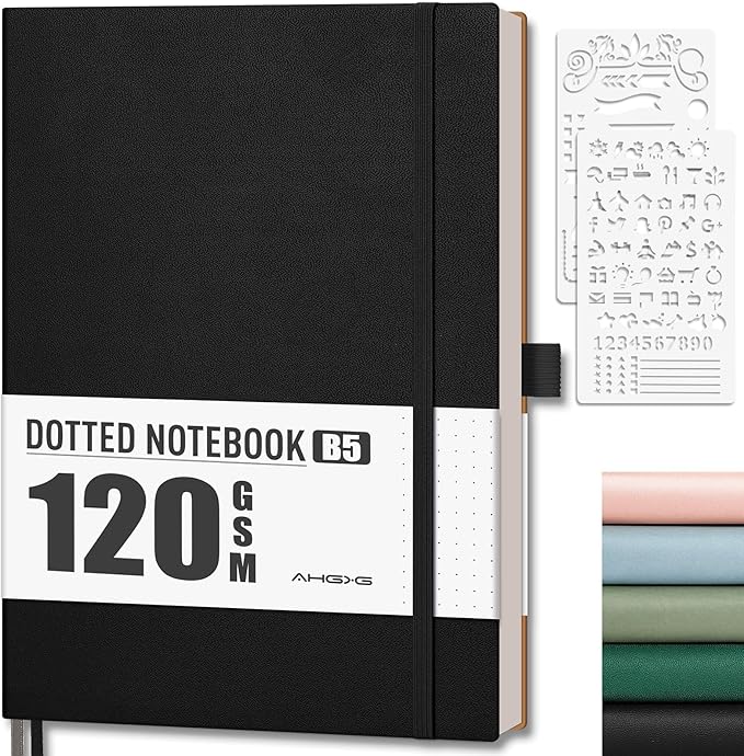 AHGXG Dotted Journal - Dot Grid Notebook Journal, 120 GSM Thick Acid-Free Paper, Large B5 Dotted Notebook 96 Pages, Leather Softcover, Inner Pocket, Journal Stencil, 7.6'' X 10'', Black